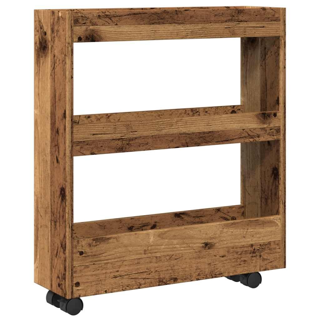 Carrello portaoggetti sottile con 3 ripiani in effetto legno anticato, molto spazio per oggetti di uso quotidiano, carrello con ruote girevoli e due ruote bloccabili