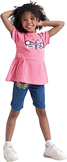 طقم بيجامة مكون من قطعتين مكون من تيشرت نصف كم مطرز على شكل فراشة وشورت للبنات من اكسيس