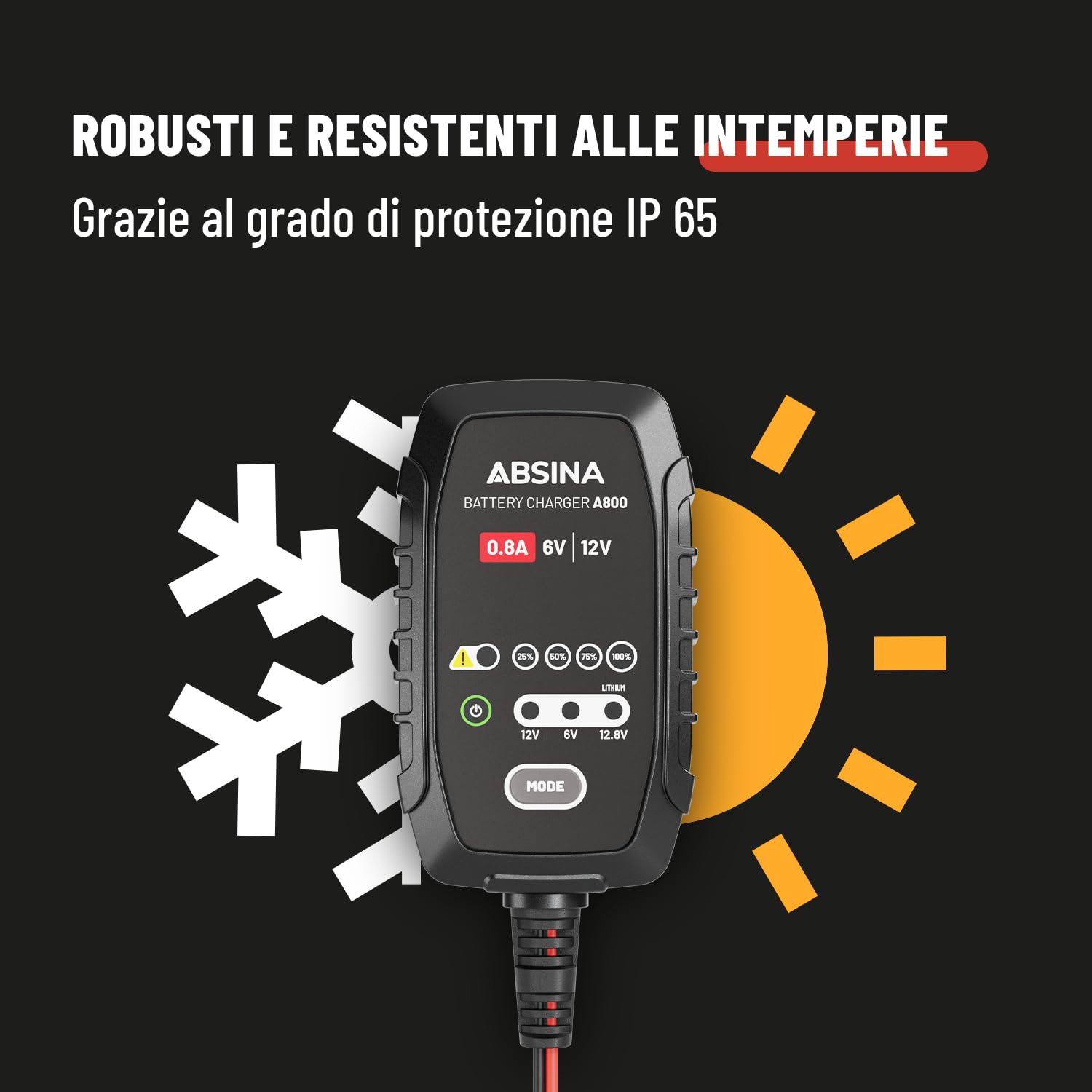 ABSINA Caricabatterie auto al piombo fino a 26Ah / 12,8V Litio fino a 15Ah - Mantenitore batteria moto automatico - Caricatore batteria moto e caricabatterie scooter con cavo da 3,4m, 800mA