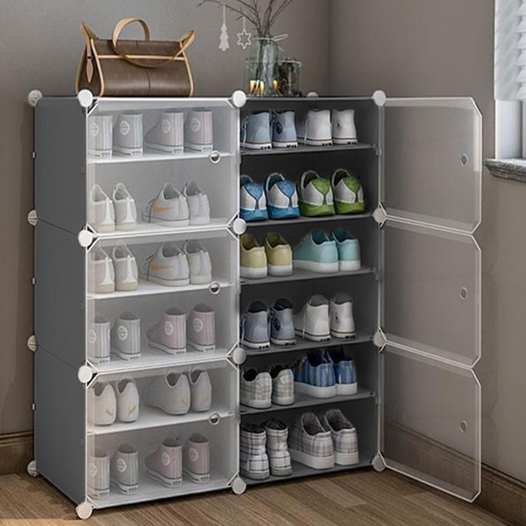 Sunderlook Shoe Rack Plastic for Home- Slipper Stand, Chappal Stand for Home, Multipurpose Standing Comfort Runner Shoe Rack with Door, Shoes for Entryway, Hallway (Grey, 12-Shelf-6-Door)-image-44