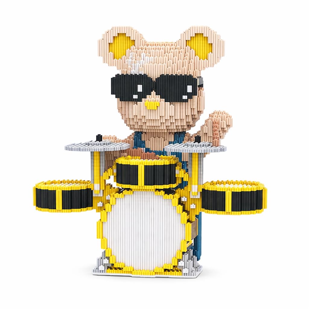 Drummer Building Block Bear Sculpture 27cm Tall, 2500+ PCS Music Brick Figure with Drum Set, DIY Collectible Display Toy