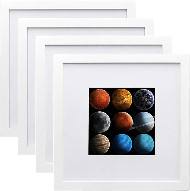 EGOFINE 10x10 Photo Frames White Set of 4, Made of Solid Wood with Acrylic Glass for Photos 6x6 with Mat or 10x10 without Mat, Tabletop and Wall Mounting Display