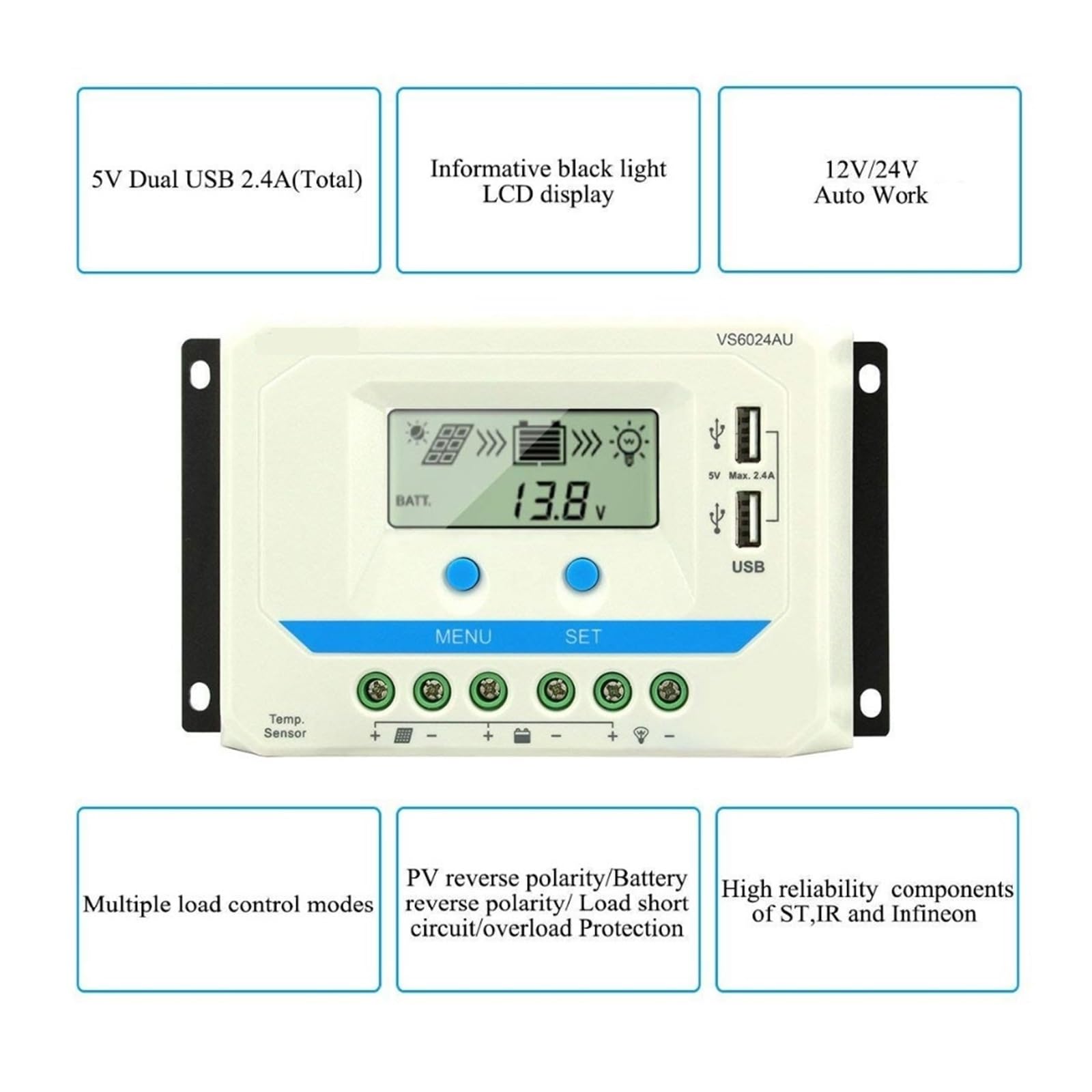 60A 45A 30A 20A 10A Regulator Ładowania Słonecznego 12 V/24 V Automatyczny Regulator Ładowania Słonecznego Z Timerem Obciążenia Wyświetlacz LCD Podwójny USB 5 V Łatwy Skuteczny(45A)