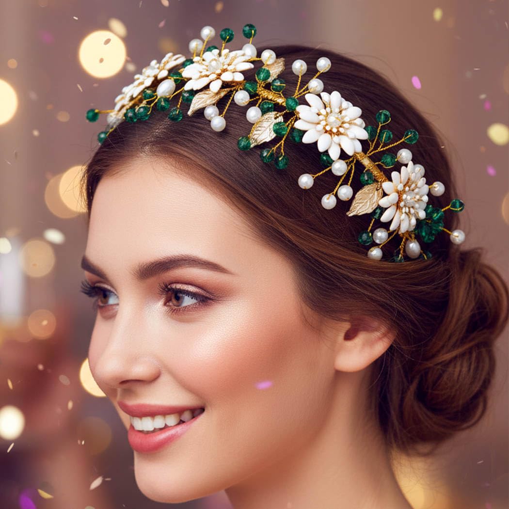 Urieo Cerchietto per capelli da sposa con fiore verde con cristalli, accessorio per capelli da donna