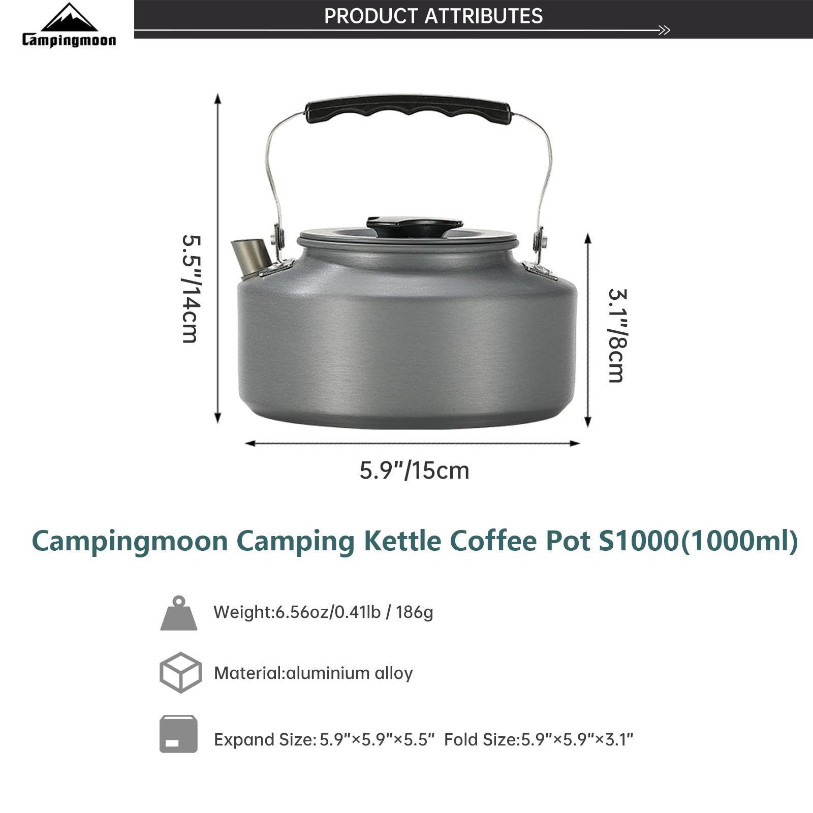 Campingmoon - Hervidor de agua para camping, 1 litro, hervidor de agua para cocinar, mochilero, picnic, pesca