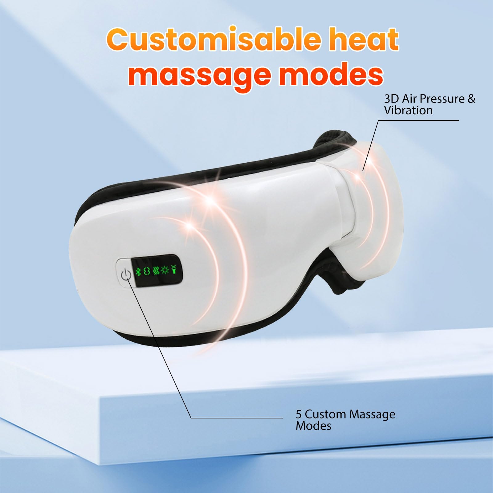 Masajeador ocular con calefacción, máscara de masaje de ojos de 5 modos, música Bluetooth, dispositivo de cuidado ocular plegable 180° para fatiga ocular, ojos secos, ojeras, blanco