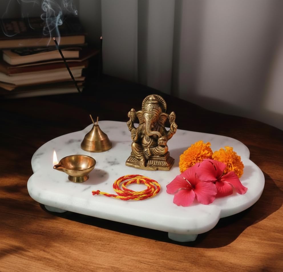 Image of White Marble Chowki for Pooja in Mandir Temple, Home Decor - God Idols Placing Chowki - 7x5 Inch (Scalloped)