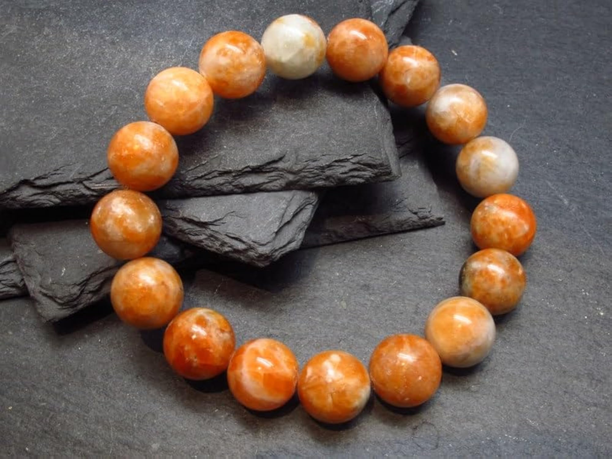Natural Orange Calcite 12mm Round Bead Stretchable Bracelet, Unisex Gift