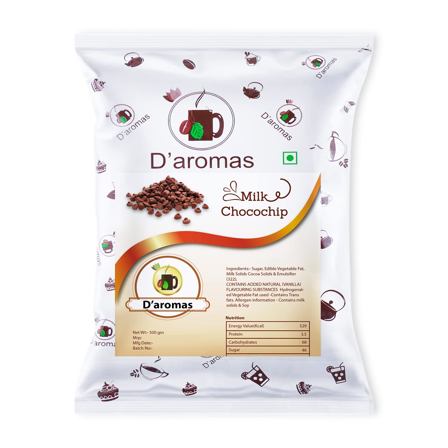 D'aromas Milk Chocolate Chips For Cookies, Baking, Icecream, Toppings & For Decorating Cakes With Solid Choco Chips 4kg (Each 500gm) (Pack Of 8)