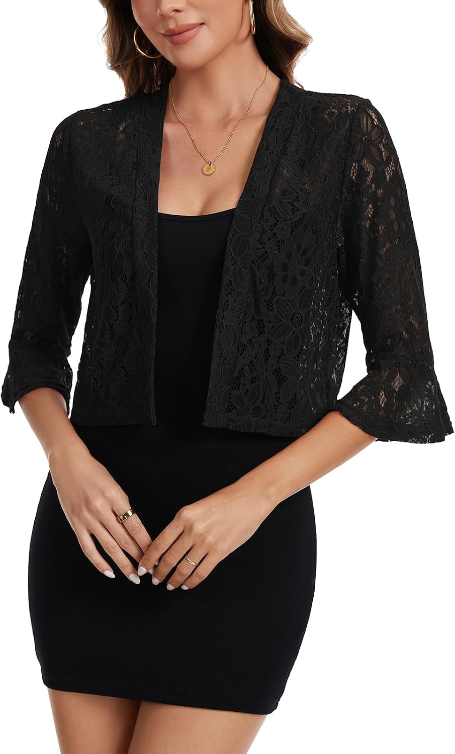 Women's Open Front Lace Cardigans Sweaters Casual 3/4 Bell Sleeve Cropped Cardigan Summer Bolero Shrugs