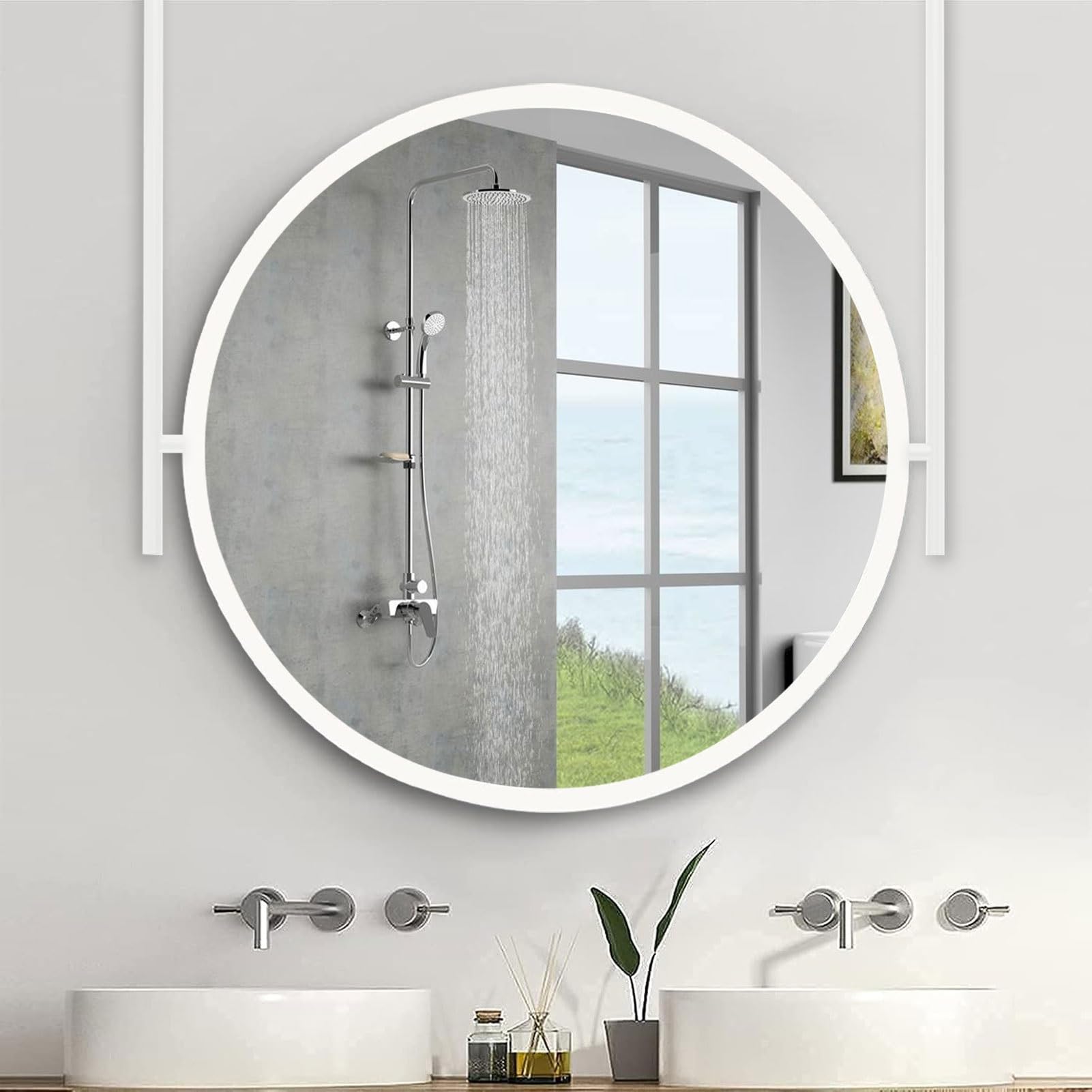 WJFTODAY Large Round Wall Mirror - 50CM/19.7IN Metal Framed Circle Mirror for Bathroom, Bedroom & Entryway Decor, Ceiling Mounted Vanity Mirror in White Finish