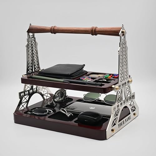 Miniatura 4 de Eiffel Tower 2-Tier Desk Organizer for Men with Wooden Handle  Personalized Desktop Storage Rack  Multi-Compartment Stand for Phone, Wallet, Keys,