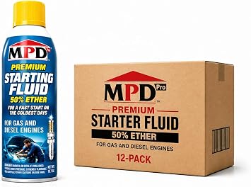 MPD Pro Starter Starting Fluid Spray Premium 50% Ether Formula for Fast Cold Starts Works to -65F Gas & Diesel Engines Upper Cylinder Lubrication 10.7 oz 12-Pack