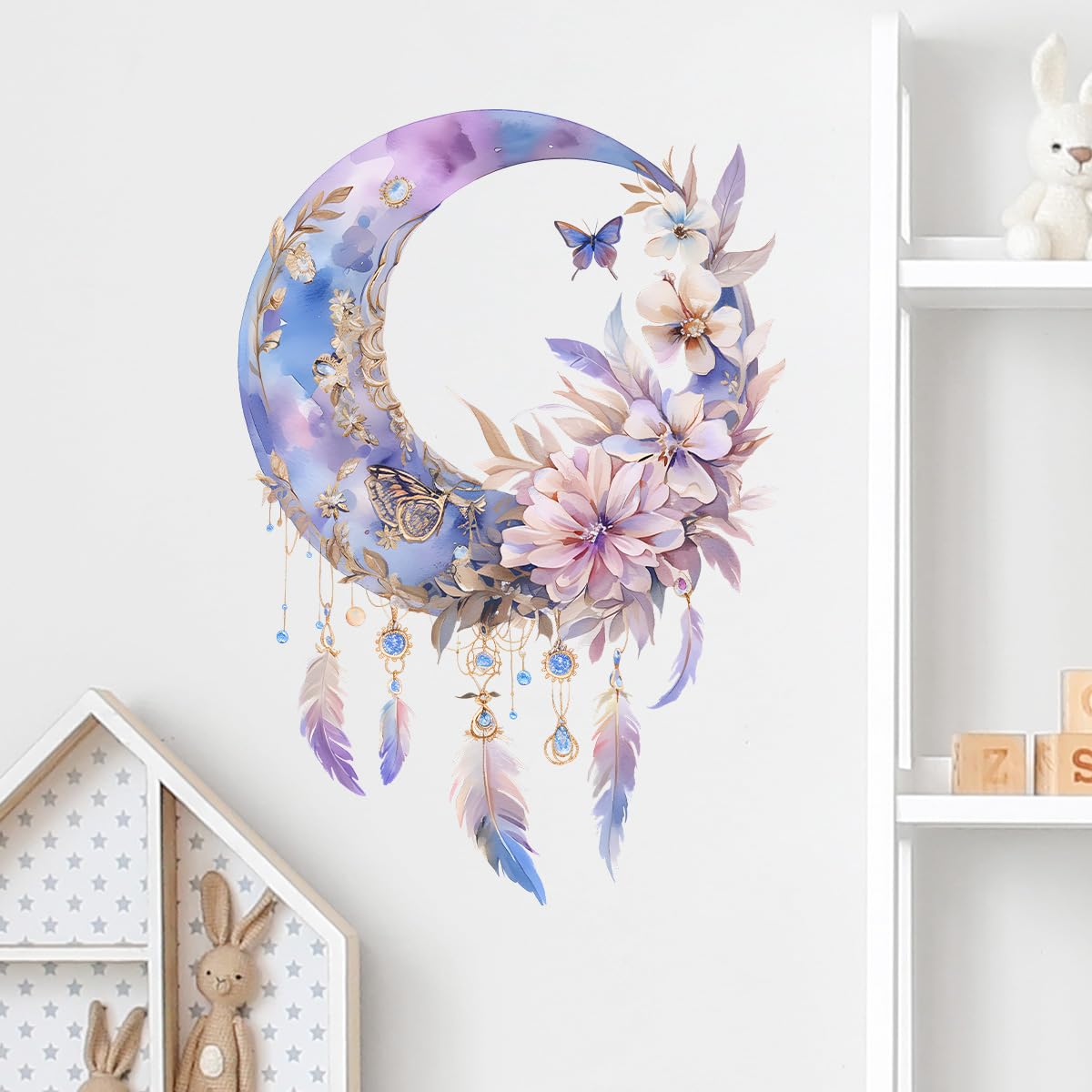 Purple Dream Catcher Wall Decals Removable Moon Floral Vinyl Stickers for Nursery Living Room and Kids Playroom Fantasy Theme Decor Peel and Stick Wall Art