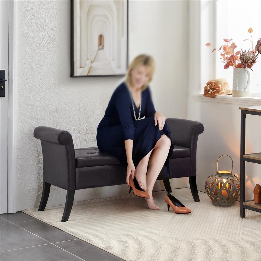 Yaheetech 52in Ottoman Bench Faux Leather End of Bed Bench with Storage Footstool with Rolled Arms for Bedroom Window Sear Entryway Vanity, Dark Brown