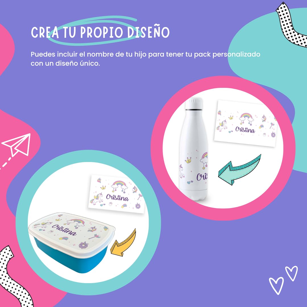 Pack vuelta al cole diseño unicornios botella personalizada + fiambrera personalizada con texto para el colegio o guardería. Libre BPA y reutilizable | Bebidas frías y calientes hasta 12h