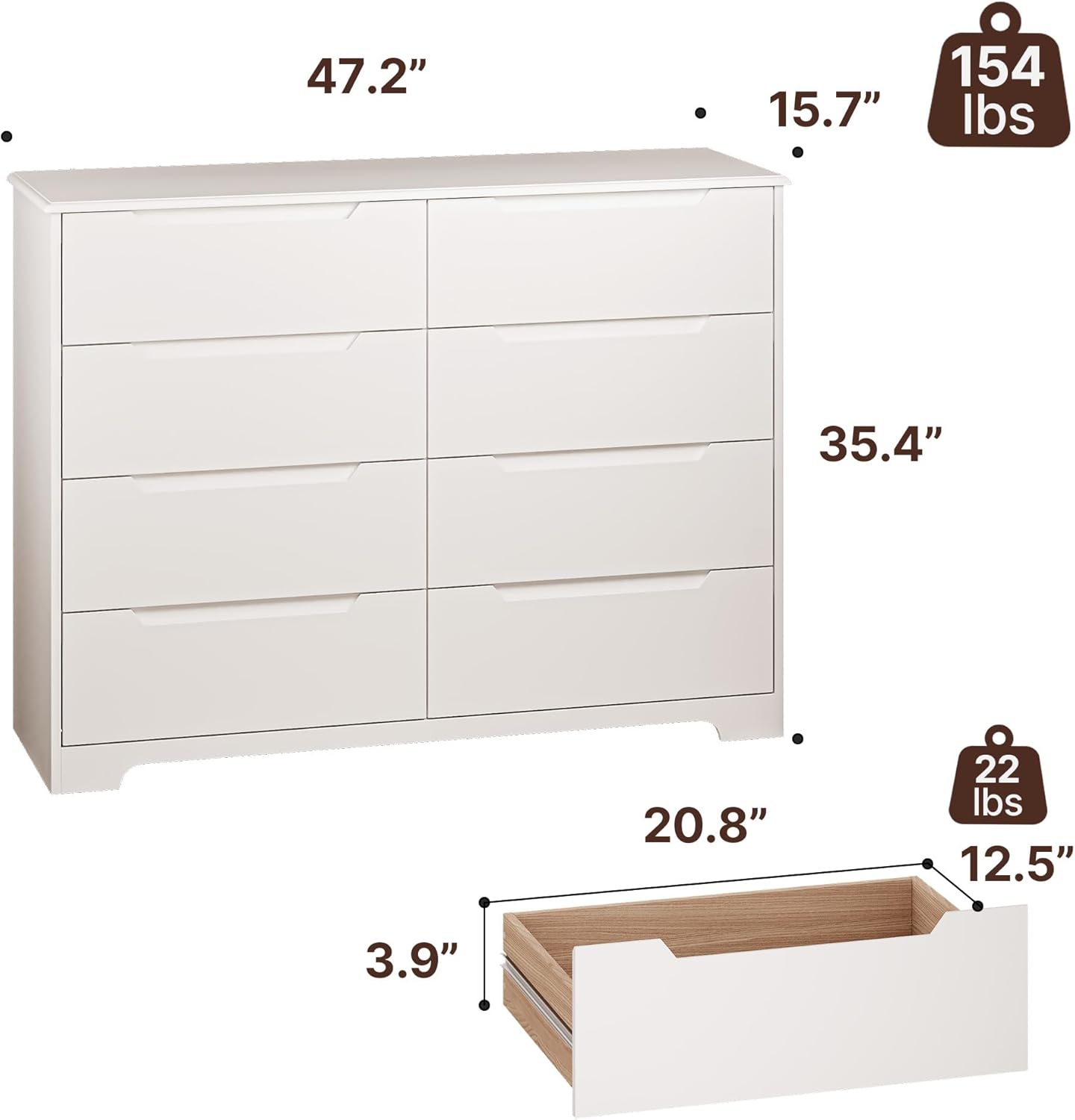 Diagram showing the dimensions of the Gizoon 8-Drawer Dresser: 47.2 inches wide, 15.7 inches deep, 35.4 inches high, with drawer dimensions of 20.8 inches wide, 12.5 inches deep, and 3.9 inches high.