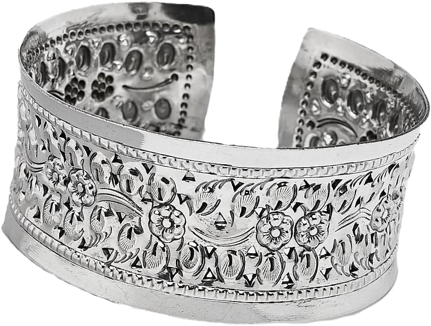 Sterling Silver Floral Cuff Bangle for Women - Women's Chunky Statement 38mm Wide Cuff Bracelet with Flower Design
