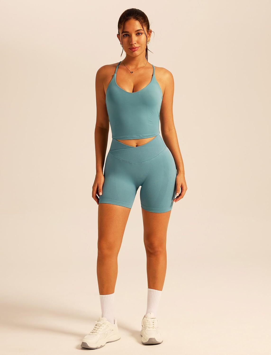 ABOCIW Workout Sets for Women 2 Piece V Neck Cross Back Tank Crossover Waist High Waist Biker Shorts Gym Sets - Image 5