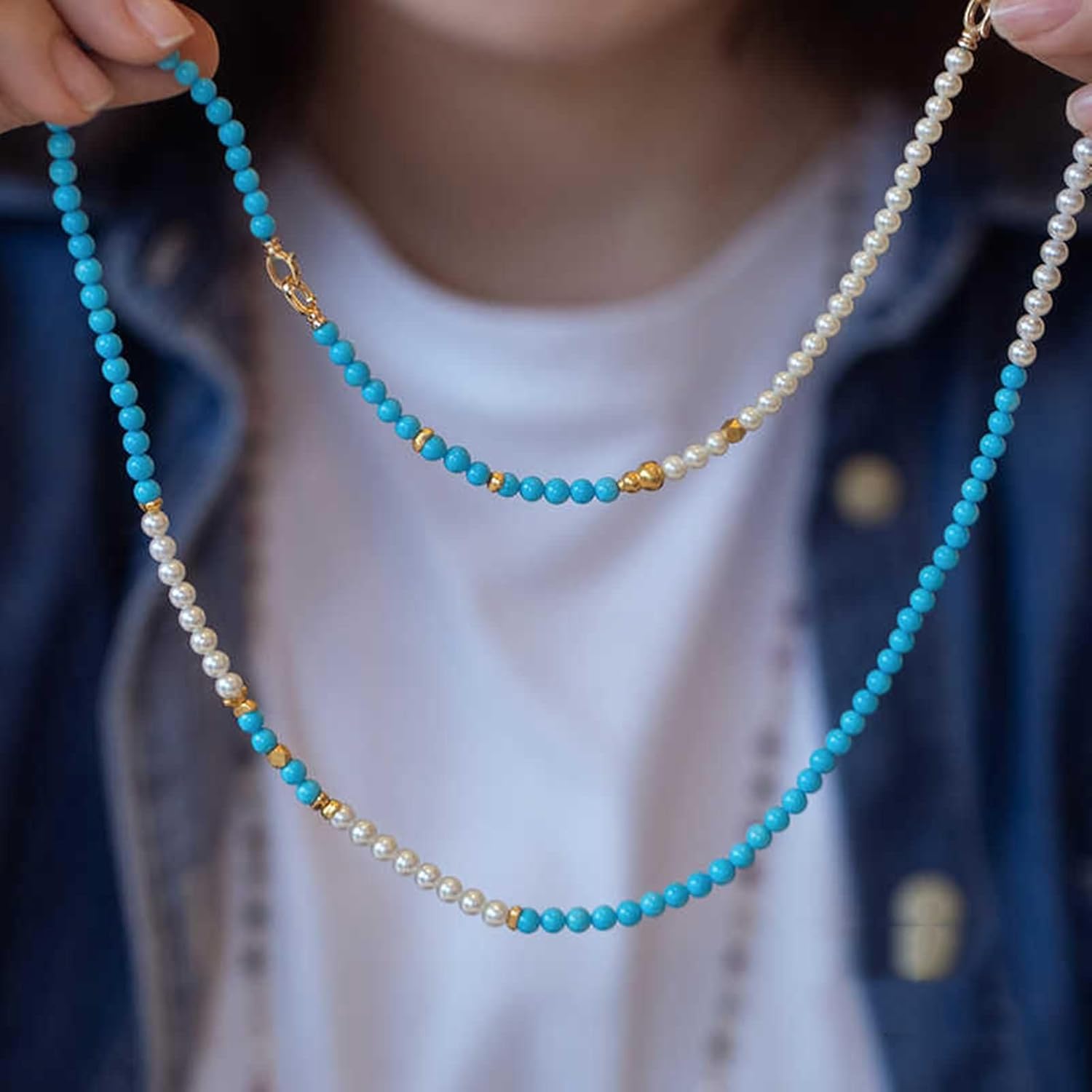 Yellow Gold Bead Necklace 9K/14K/18K, Elegant 4-5mm Turquoise Pearl Strand for Women, Real Gold