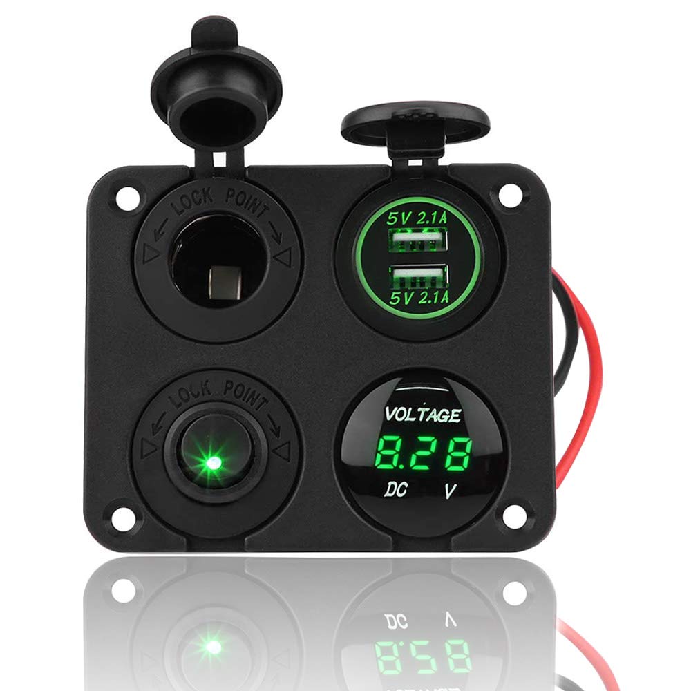 4 Gang 12V/24V Pannello Interruttori a Bilanciere On/Off Con Doppia Presa per slot USB,Accendisigari,Voltmetro per auto, camper, roulotte, rimorchi, autobus, barche, yacht, marine (Luce verde)