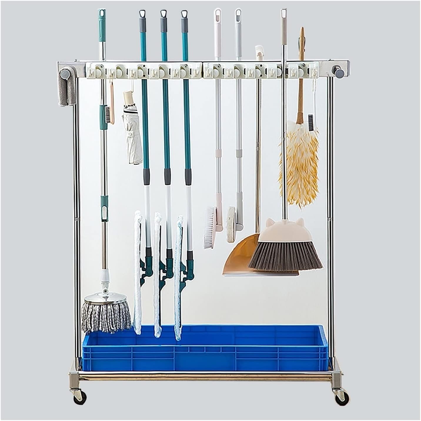 ASerZenith Utility Rack For Mops And Brooms,Movable Mop Broom Holder Put Wet Mops,Commercial Floor-Mounted Mop Rack Cleaning Tool Cart,Cleaning Supplies Organizer,Garage Garden Stor
