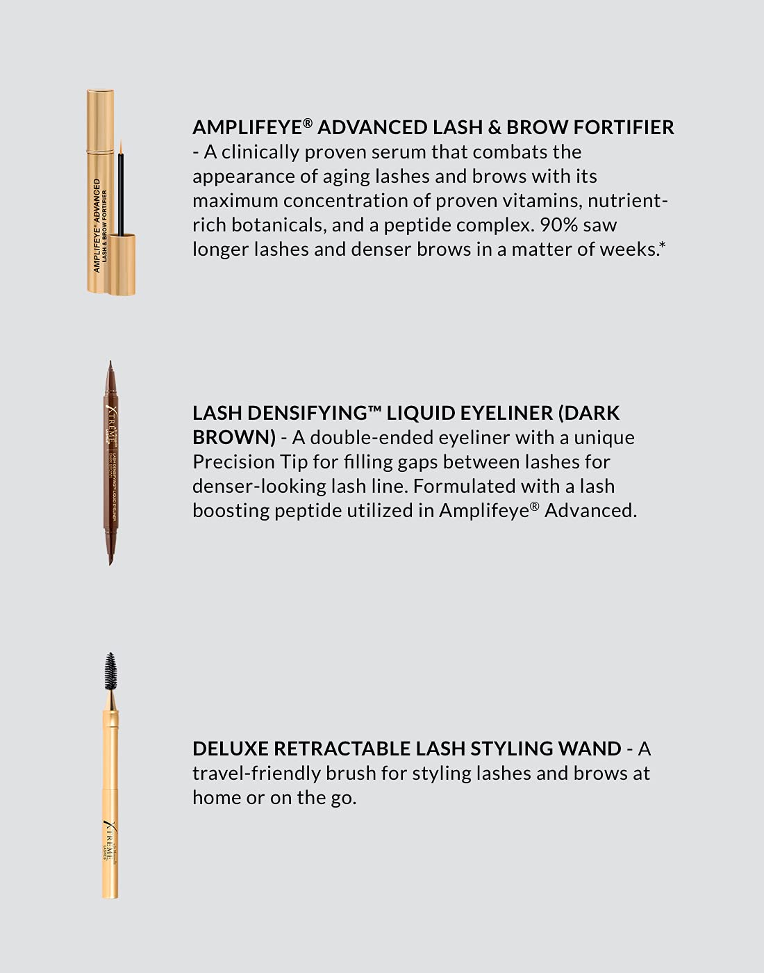 Xtreme Lashes Extend Your Beauty Rituals – Lash and Brow Care Kit – Extension Safe – Amplifeye Fortifier, Densifying Liquid Eyeliner, Deluxe Retractable Styling Wand