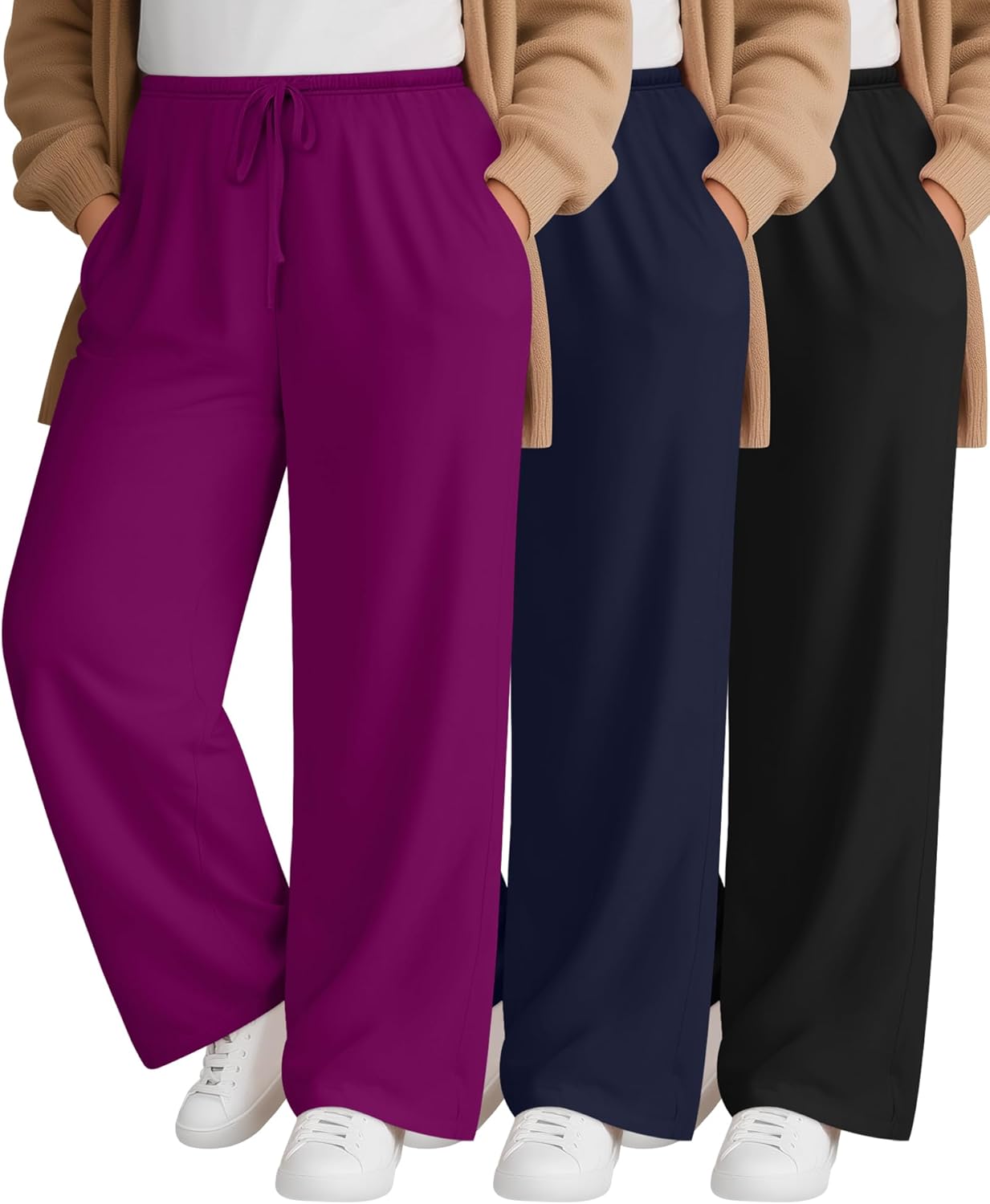 3 Pack Women's Plus Size Lounge Pants with Pockets, Wide Leg Loose Drawstring Pants Casual Sweatpants Jogger Pant