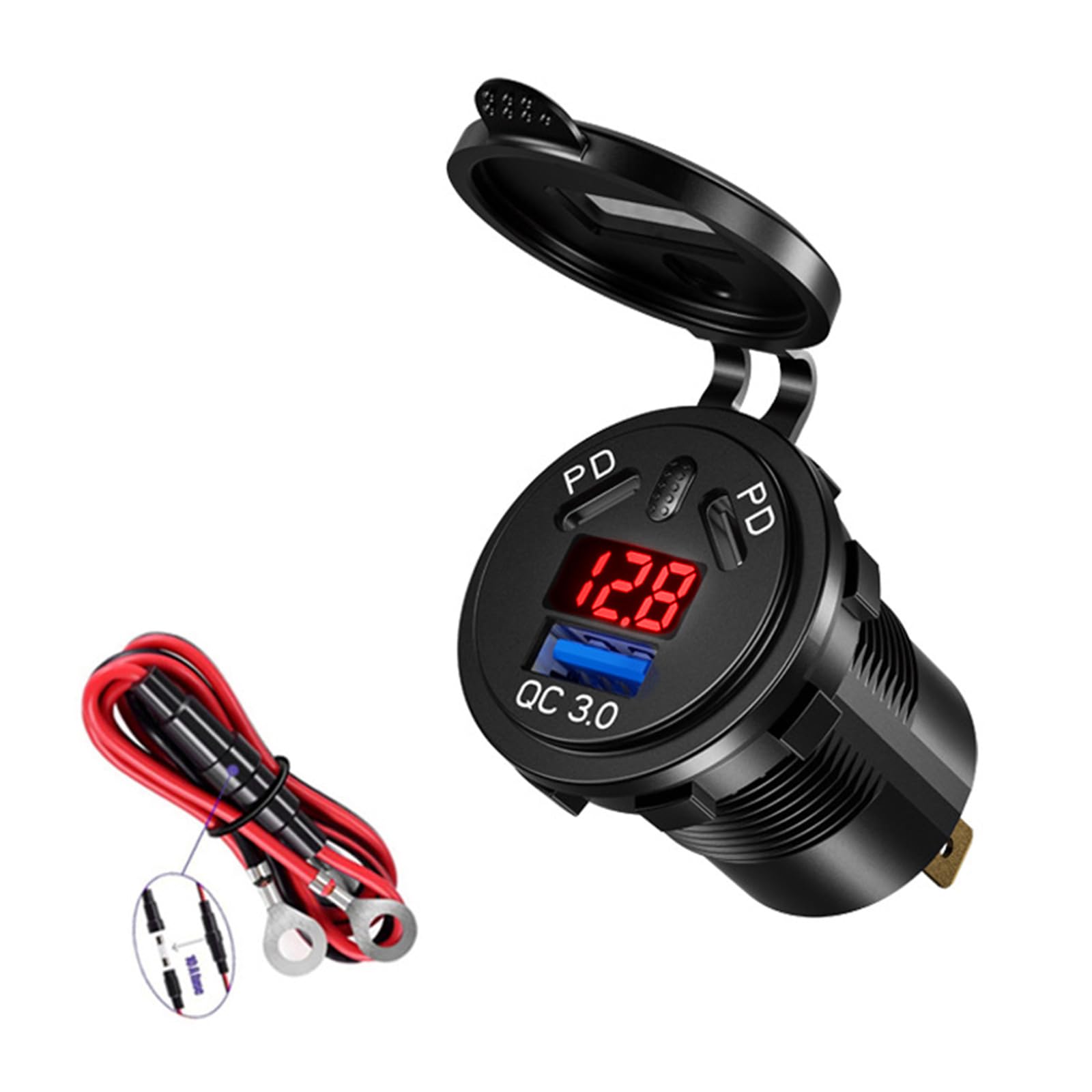 Adaptador de carga USB C para coche, 45 W, tipo C, 18 W, USB, enchufe USB rápido para coche, impermeable, con voltímetro digital LED Swi