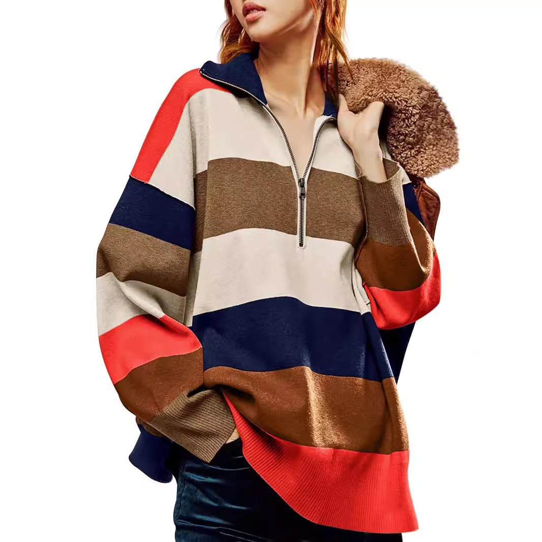 Womens Half Zip Striped Sweatshirt Oversized Lapel Collared Shirt Long Sleeve Knit Pullover Sweater Tops