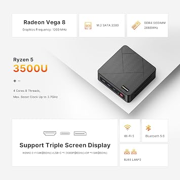 BOSGAME E4 Air Mini PC, Mini Computers with AMD Ryzen 5 3500U, 8GB DDR4 256GB SATA SSD, Dual RJ45, 4K Triple Display, USB-C, USB 3.2, Wi-Fi 5/BT 5.0, Desktop Computers for Office, Home