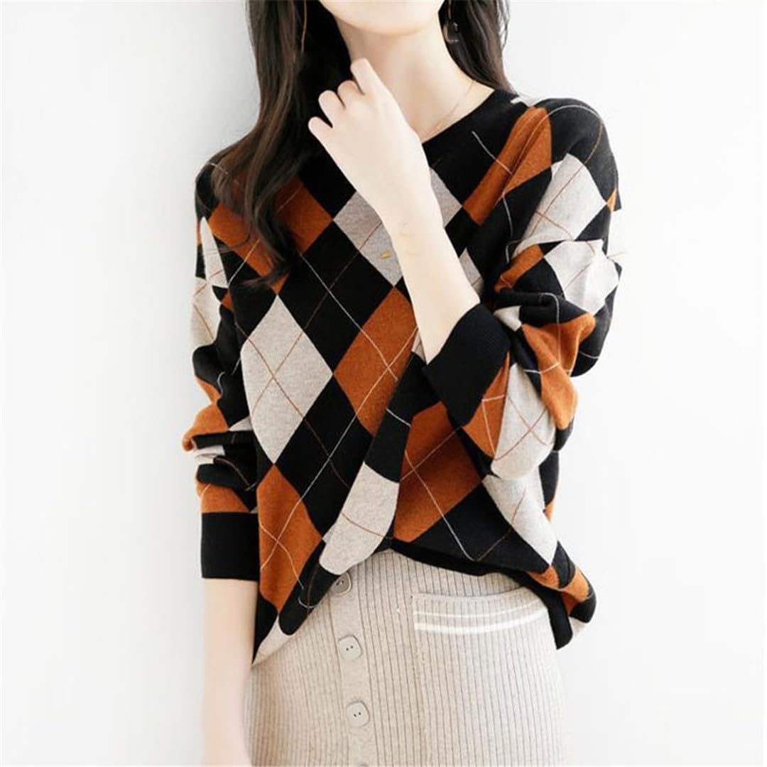 Suéter de punto elegante retro con cuello redondo para mujer, manga larga, suéter cálido para otoño e invierno