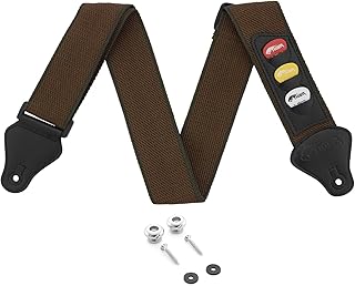 TIGER STP5-BR-PACK pasek do gitary z uchwytami na kostki, kostki i przycisk paska do gitar klasycznych, akustycznych, elektrycznych i basowych - brązowy
