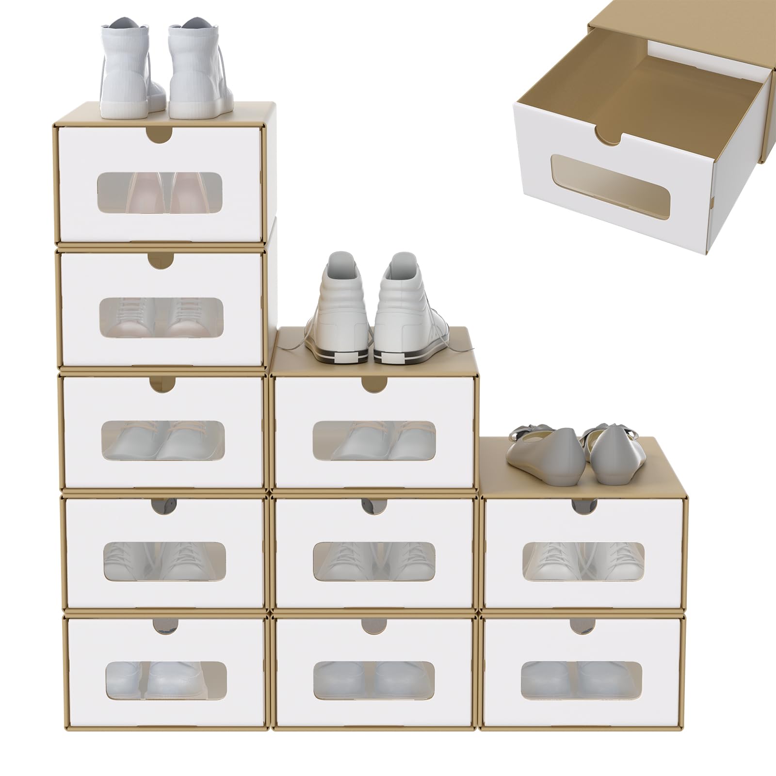 SAILUN Stackable Shoe Storage Boxes, 10 pcs Foldable Kraft Cardboard Shoe Boxes with Lid & Clear Window, Space Saving Shoe Organiser for Trainers, Boots & Heels (Brown)