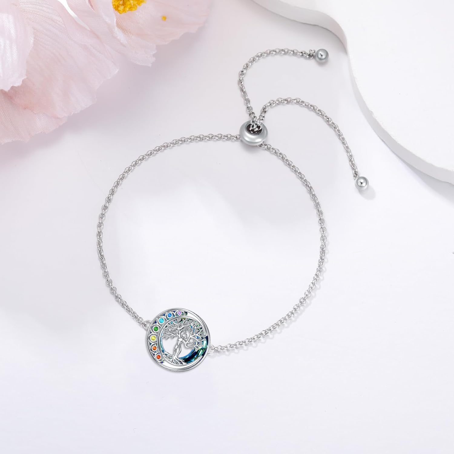 PELOVNY Chakra Crystal Bracelets for Women 925 Sterling Silver Tree of Life Flower of Life Lotus Hamsa Hand Bracelet 7 Chakras Spiritual Jewelry Gifts for Mom Daughter Wife - Image 2