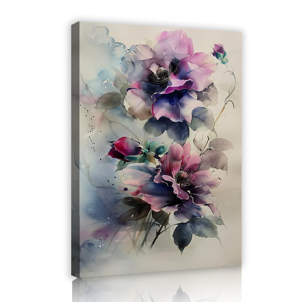 Via Vela Purple Peony Framed Canvas Prints Watercolor Floral Bouquet Picture Vintage Botanical Art Poster Wall Decor For Living Room Master Bedroom Restroom 80x120cm