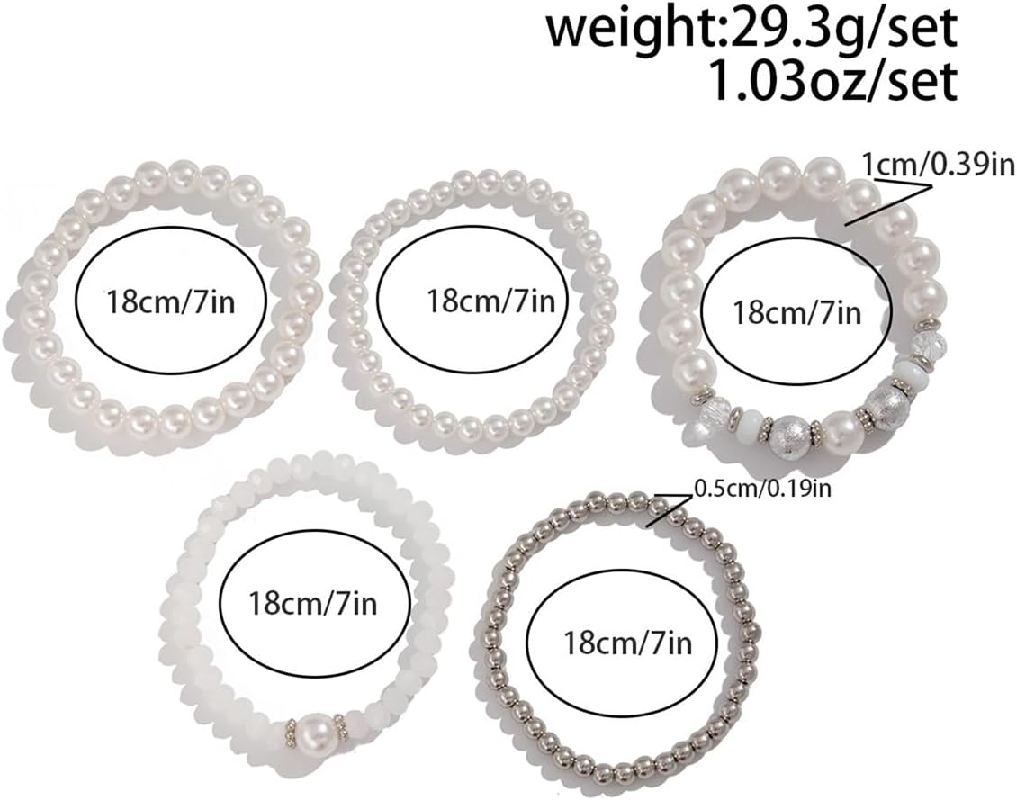 5Pcs Beaded Stretch Bracelets for Women Silver Stackable Pearl Bracelet Set Layering Crystal Stone Beads Bracelet Boho Faux Pearl Beaded Bracelets Trendy Costume Jewelry Wedding Dress Prom Jewelry - Image 6