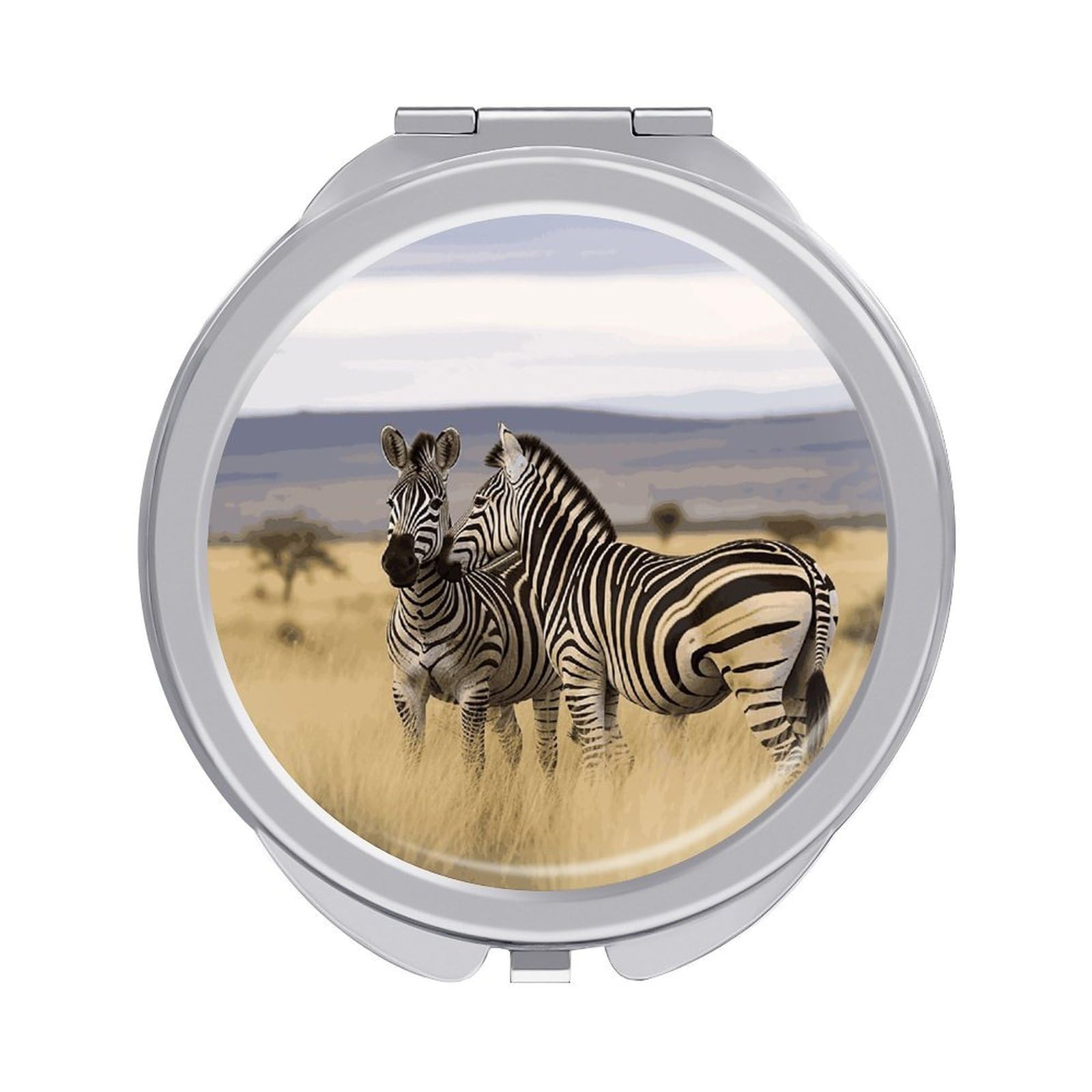 FekiLoot Zebras on South Africa Travel Makeup Mirror for Women Folding Portable Hand Compact Mirrors Small Round Vanity Mirror 1X/2X Magnifying Metal Pocket Makeup Mirrors