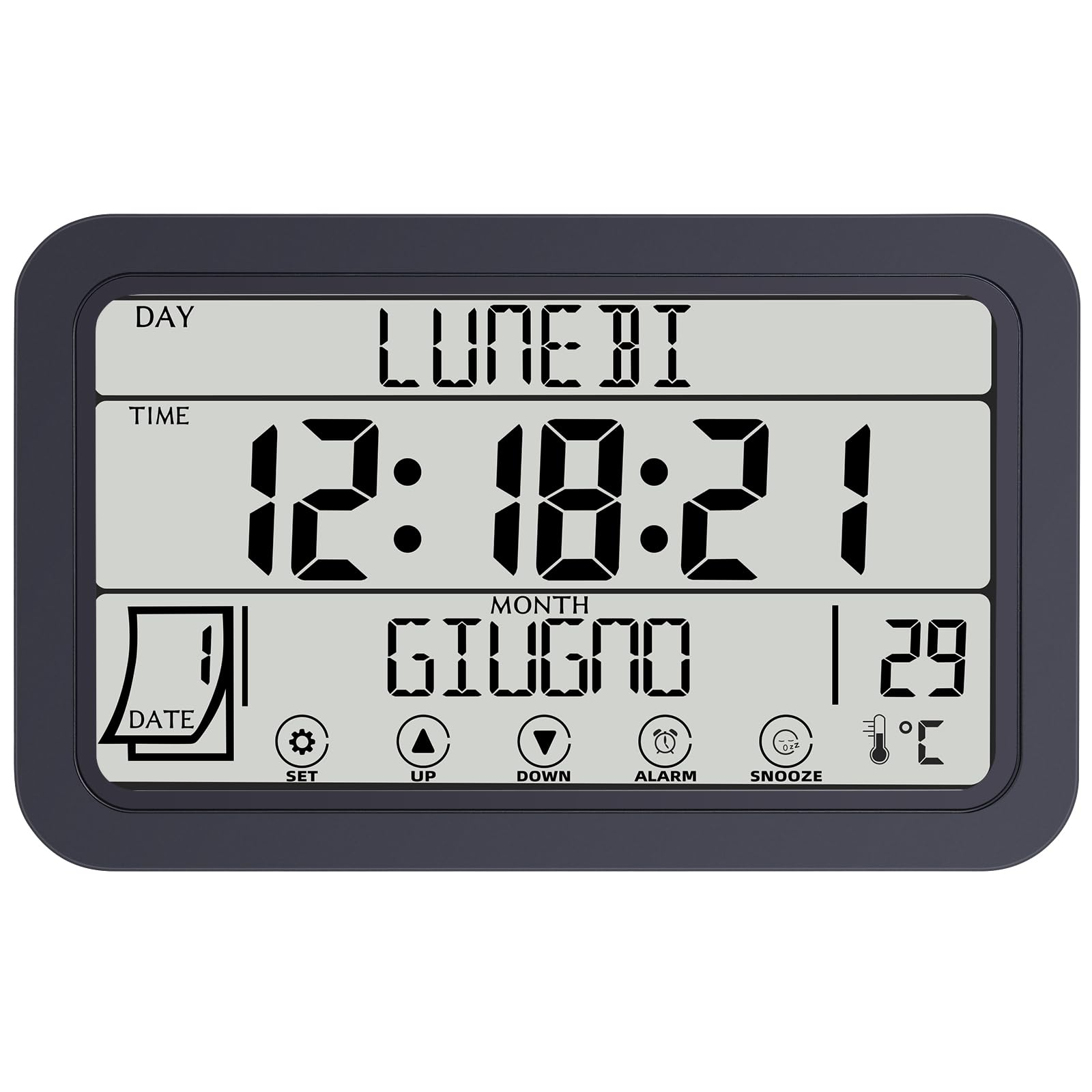 Fuloon Orologio Digitale Calendario Wireless, Grandi Cifre Orologio da Parete con Sveglia e Termometro per Anziani, Orologio Touch Screen Multilingue