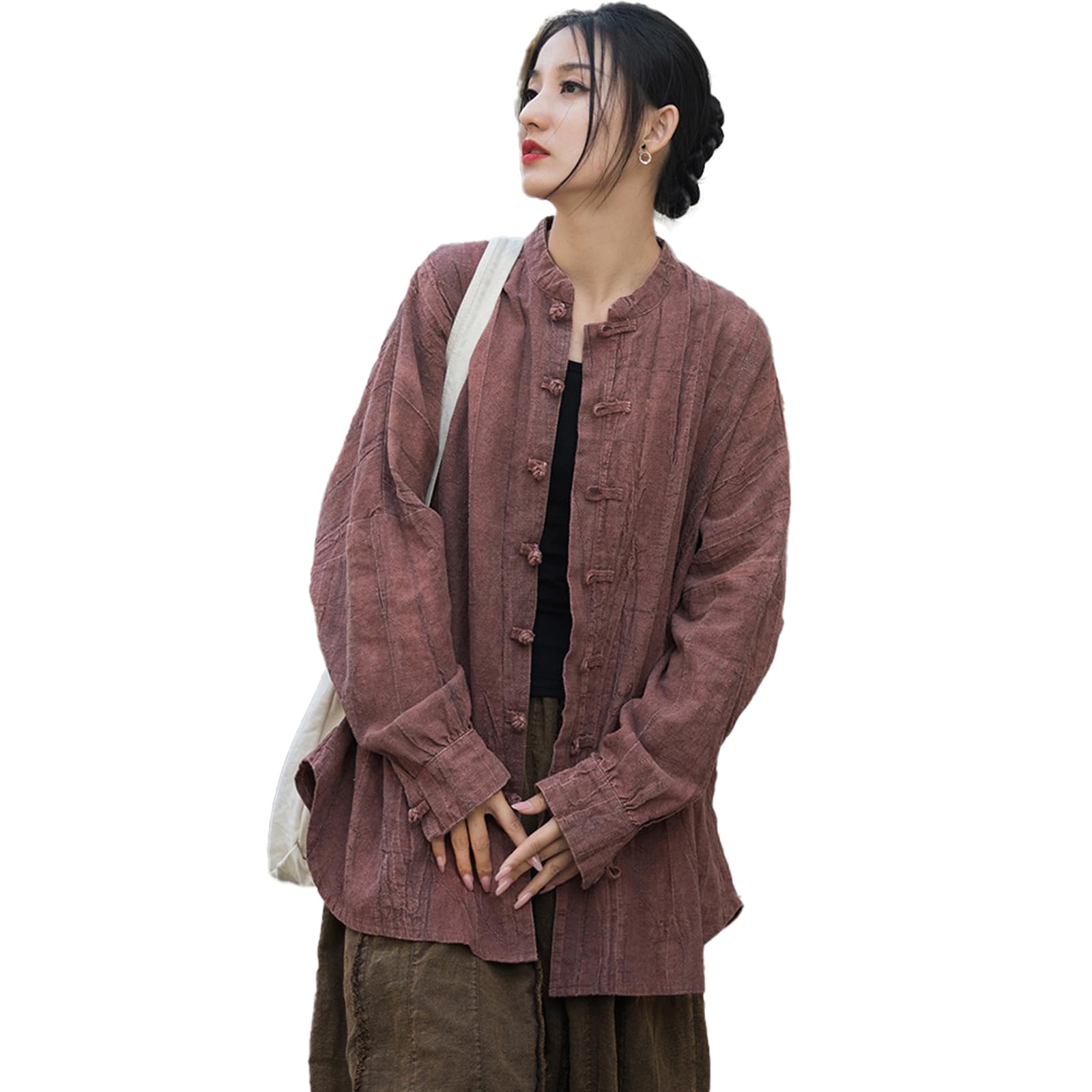 Camicie di lino da donna Camicette Oversize Kimono Vintage Giacche a maniche lunghe Vestibilità ampia Cinese Rana Pulsante Cape Trench Top