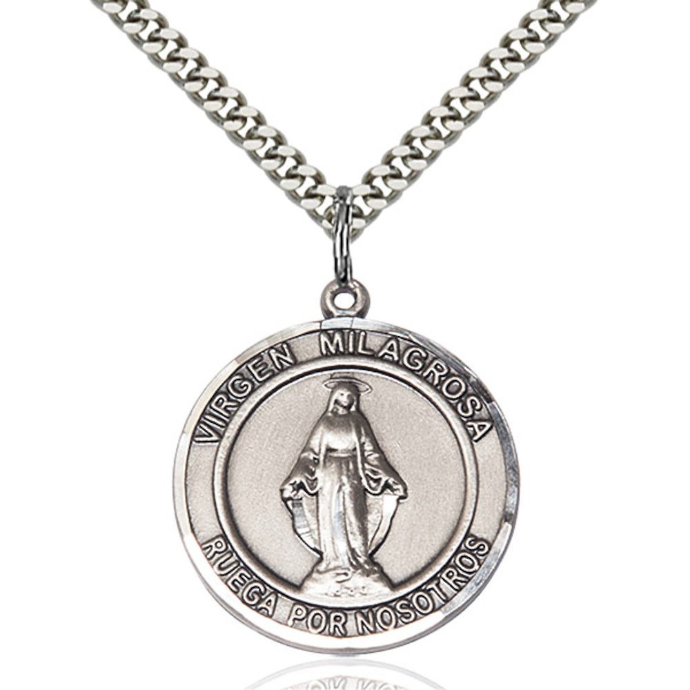 Bonyak Jewelry Saint Medal Collection Sterling Silver Virgen Milagrosa Pendant 1 x 5/8 inches with Heavy Curb Chain