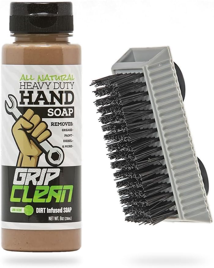 Heavy-Duty Hand Cleaner for Mechanics with Nail Brush - Moisturizing Coconut Oil Hand Cleaner Liquid Hand Soap with Stiff Bristle Nail Brush, Lime Scent – 8 Fl Oz Squeeze Bottle + Brush