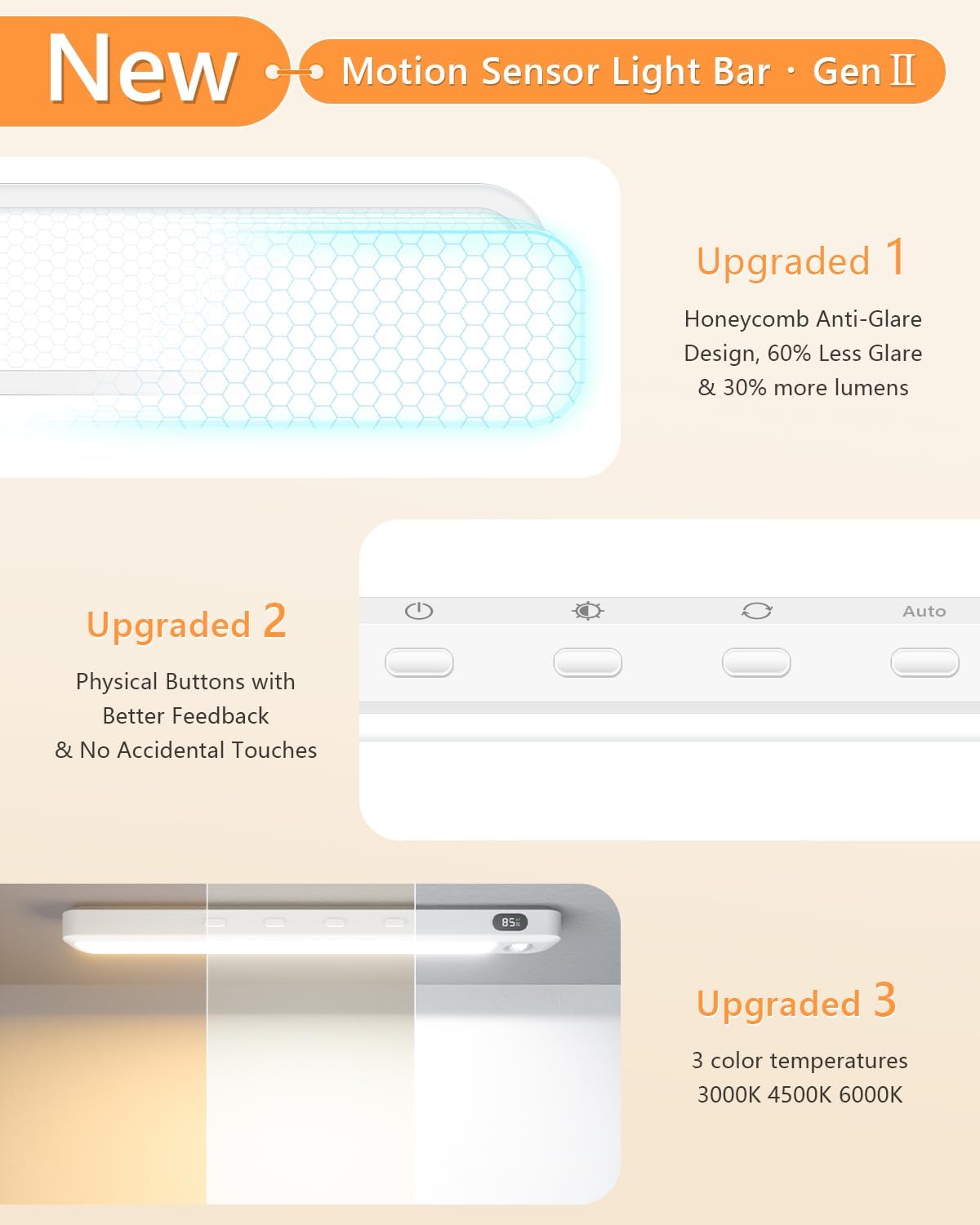 WILLED Under Cabinet & Closet Lights, Motion Sensor, Rechargeable, Magnetic, 3 Color Temps, Dimmable LED Light Bar for Indoor Kitchen Counter (2 Pack, White)