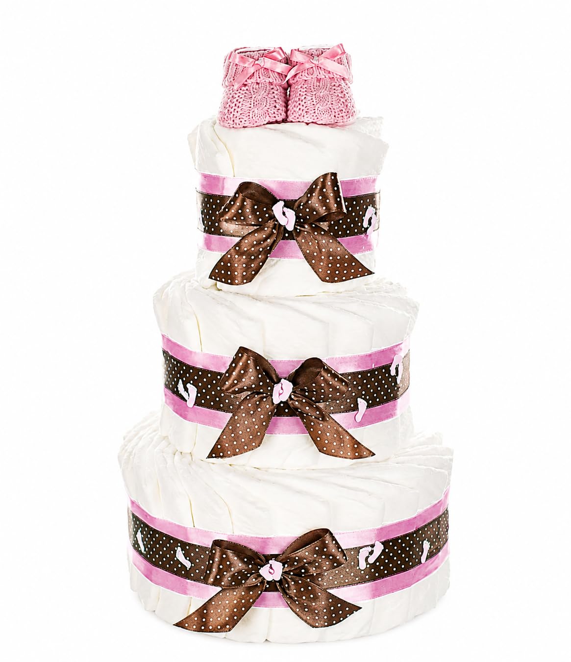 Grand gâteau de couches avec baby-boties roses | Cadeau de naissance, fête prénatale et baby shower / 3 étages