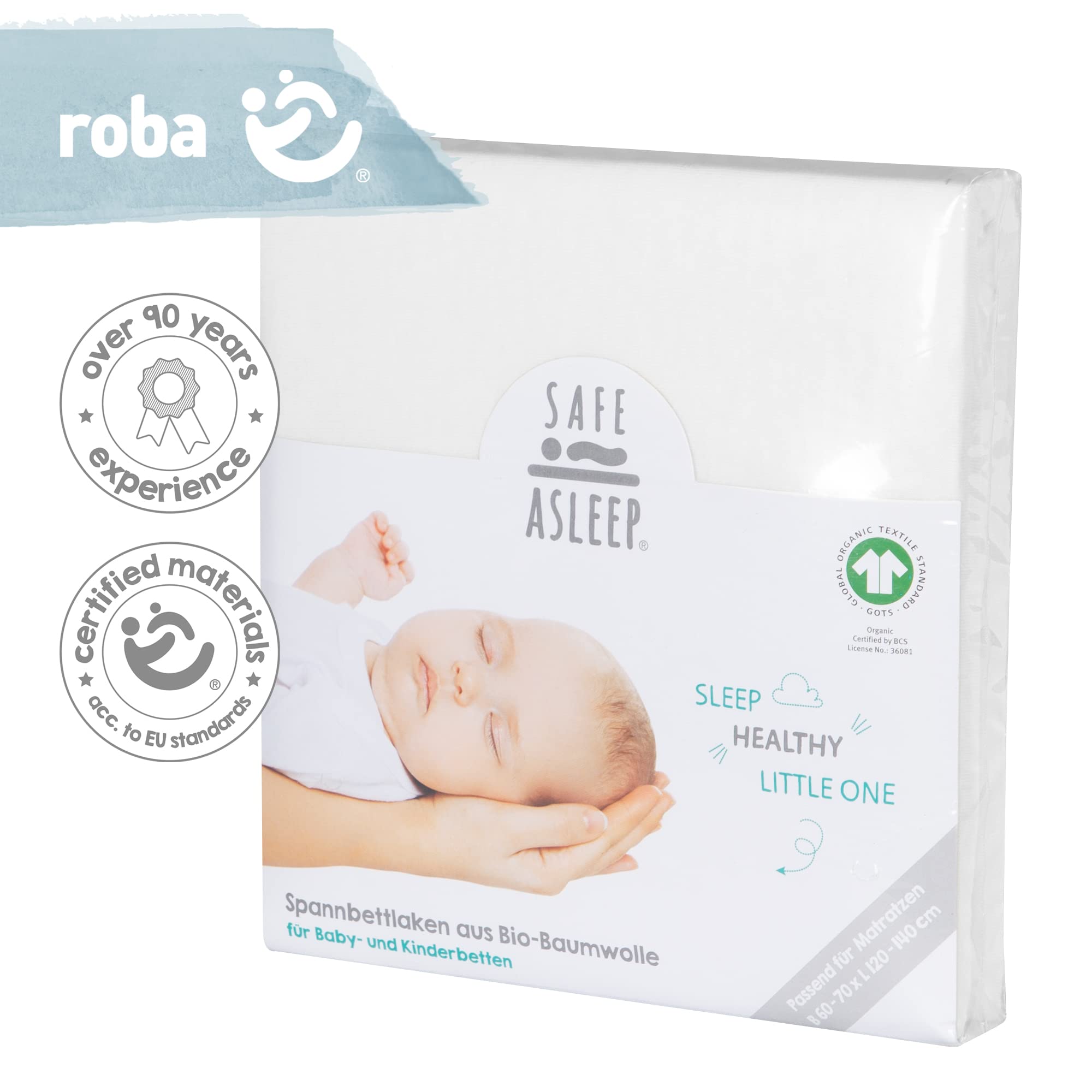 roba Prześcieradło z gumką safe asleep 60 x 120-70 x 140 - Prześcieradło do dziecięcych materacy - Bawełna organiczna - Certyfikaty GOTS i Oeko-Tex Standard 100 - Biały
