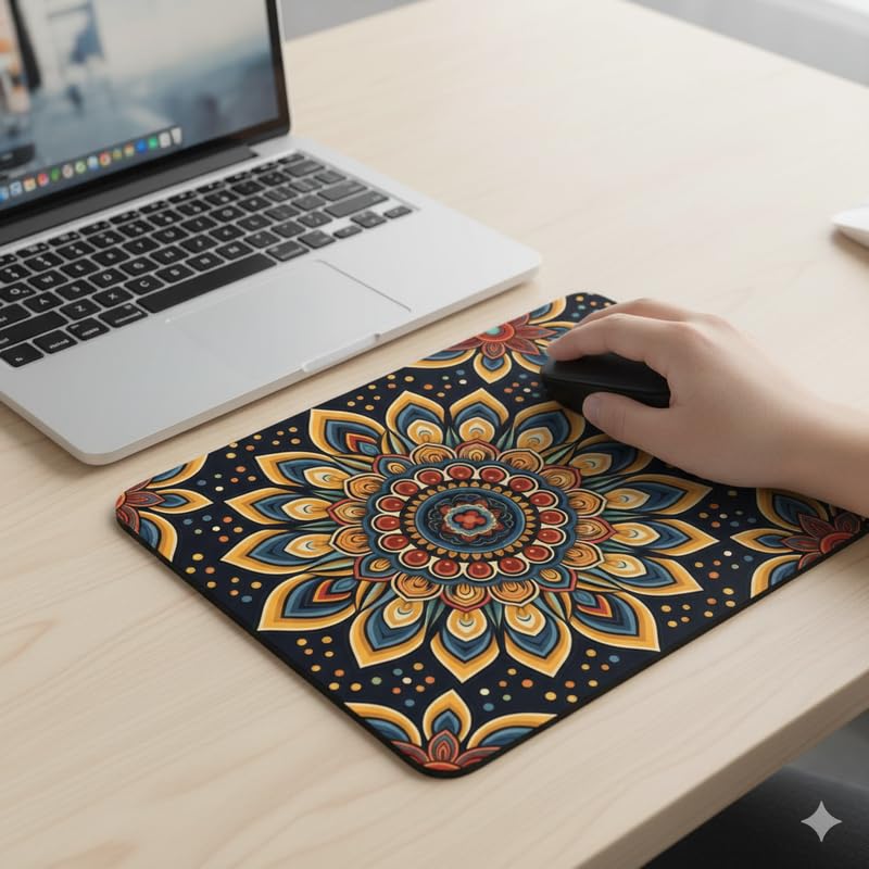 Image of Shivor Gaming Mouse Mat | Mandala Printed Desk Pad | Smooth Cloth Surface Control | Non Slip Rubber Base Stability | Compatible with Optical and Laser Mice | Vibrant Multicolor Pattern | Square Size