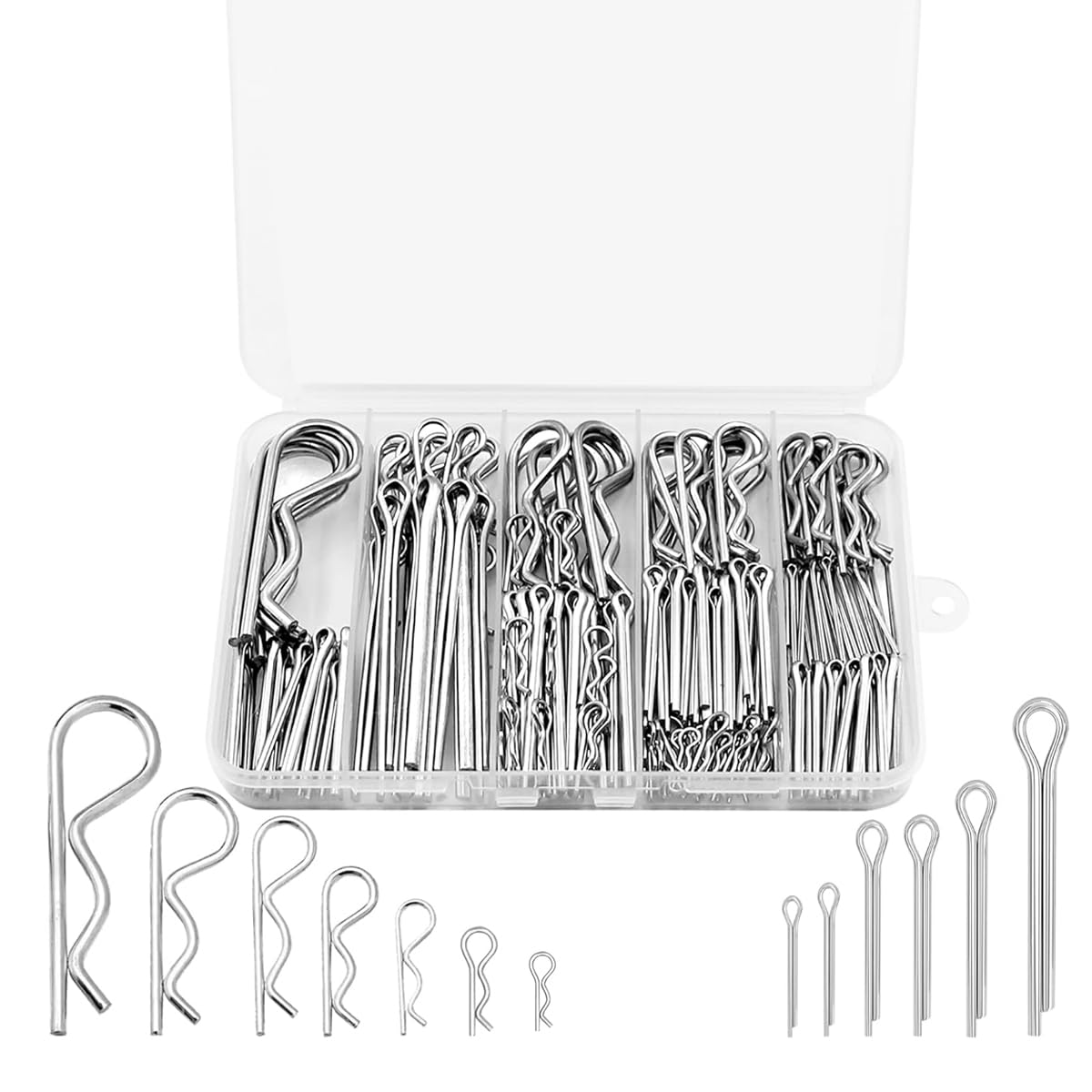 Serplex Cotter Pin Set, 204pcs, M1.6 to M4, Stainless Steel, Silver