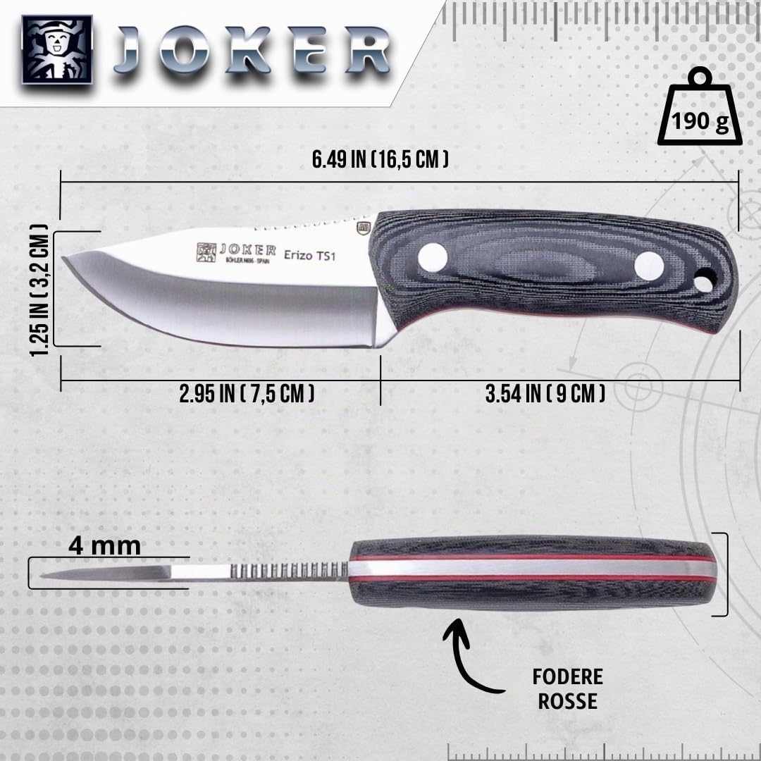 joker Coltello da caccia di sopravvivenza Coltello da caccia TS1 CM81-F, manico micarta, coltello con lama de 7,5 cm, include fodero de kydex, per la pesca, la caccia, il campeggio e l'escursionismo