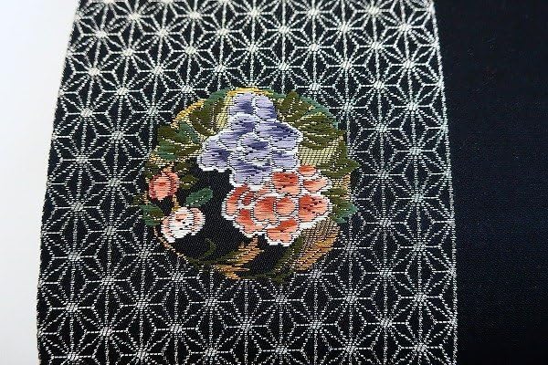 正絹 六通袋帯【丸紋 花 亀甲】 袋帯 花模様 全通 亀甲紋 着物