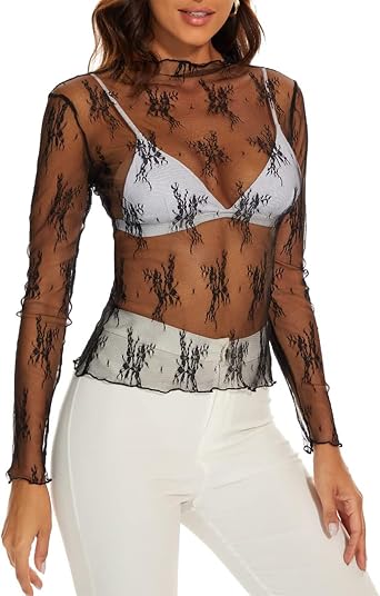 Fabumily Sheer Tops for Women Long Sleeve Mock Neck Lace Mesh Top Sexy See Through Floral Tee Shirts Layering Blouse DD2 Black #2, S